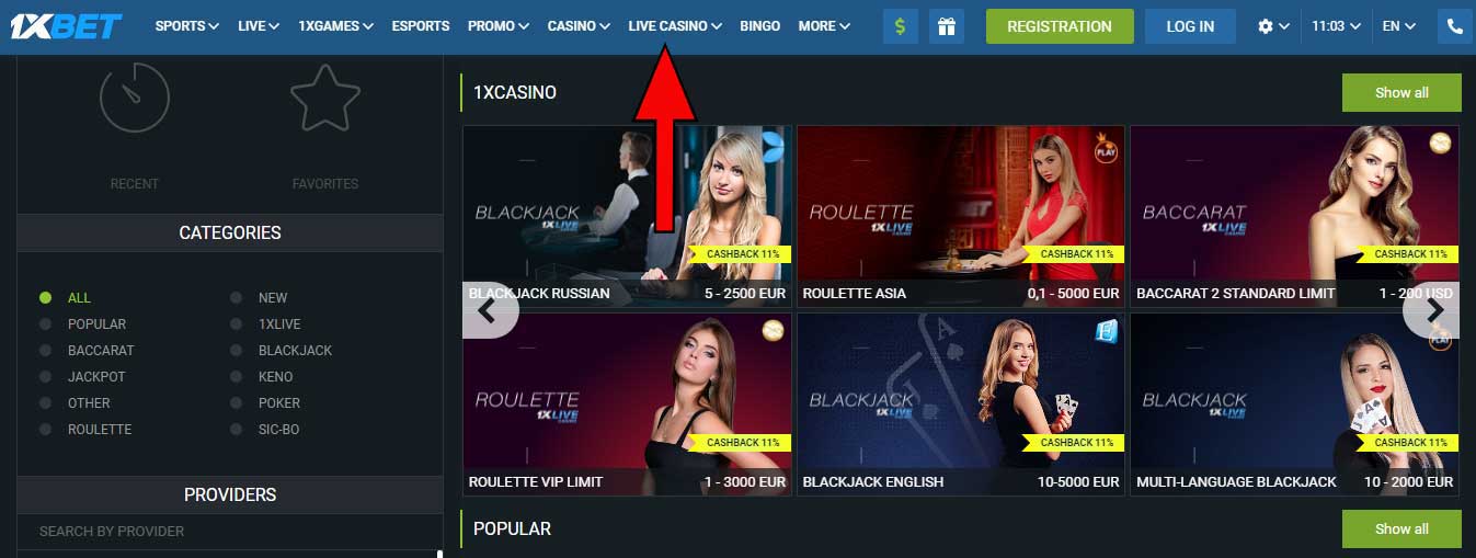 Who are the most popular providers of live casino games for 1xBet?