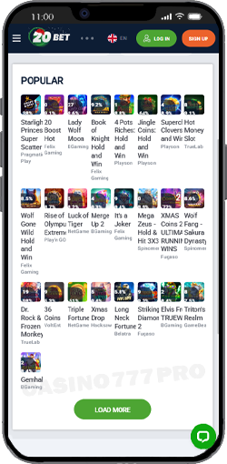 20Bet Casino Games on Mobile