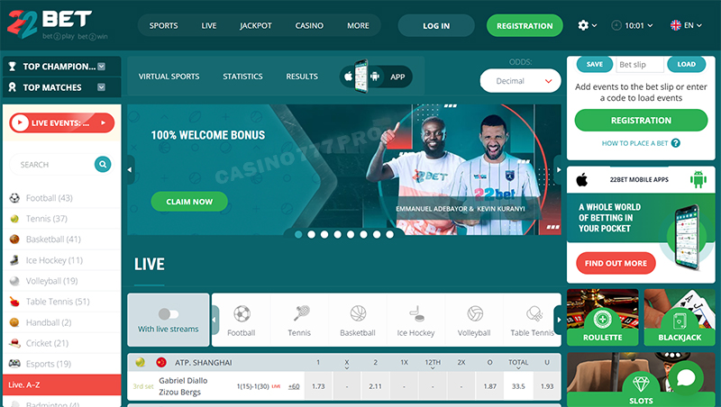 22Bet Interface and Design of the Site