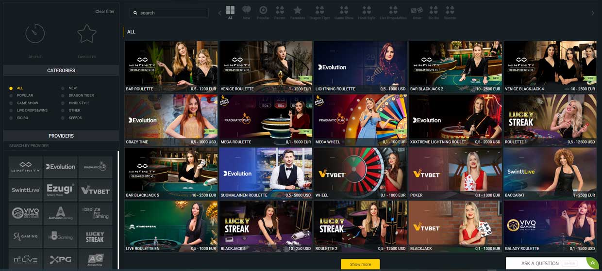 Betwinner all games live casino