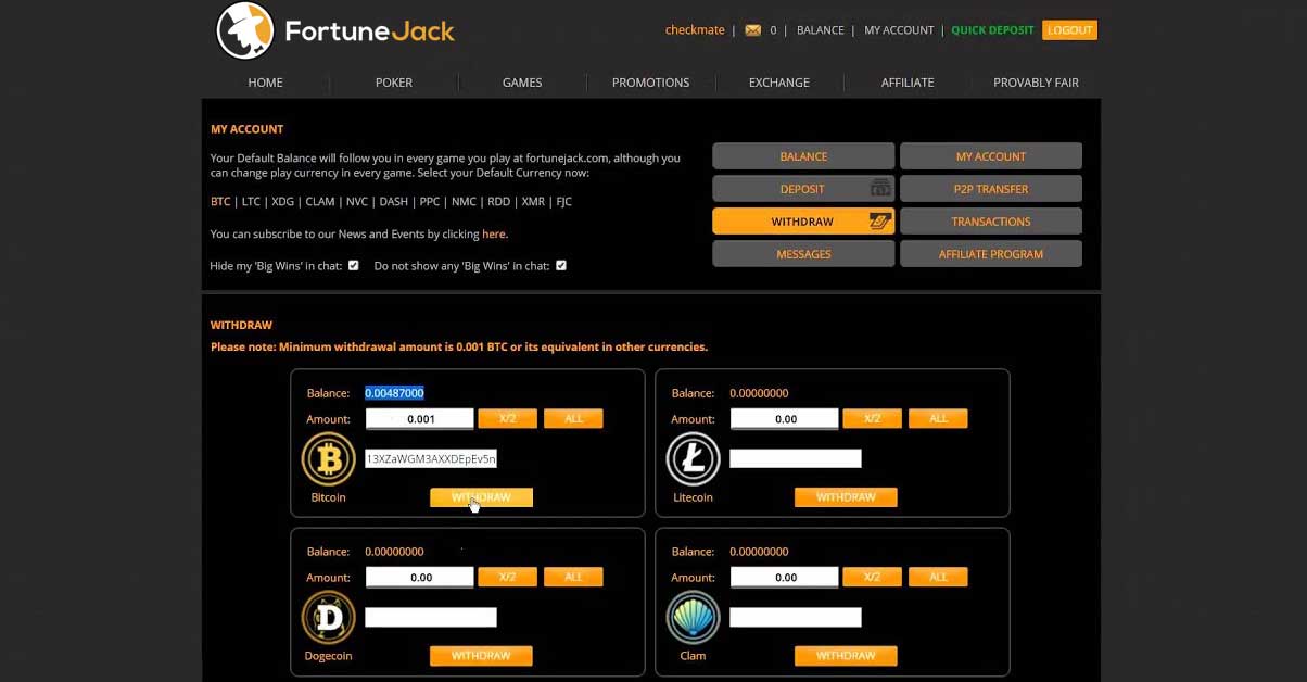 FortuneJack withdraw money