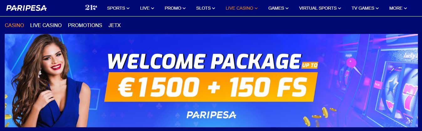 Paripesa will give you 100% casino bonus up to 1500 + 150 free spins.