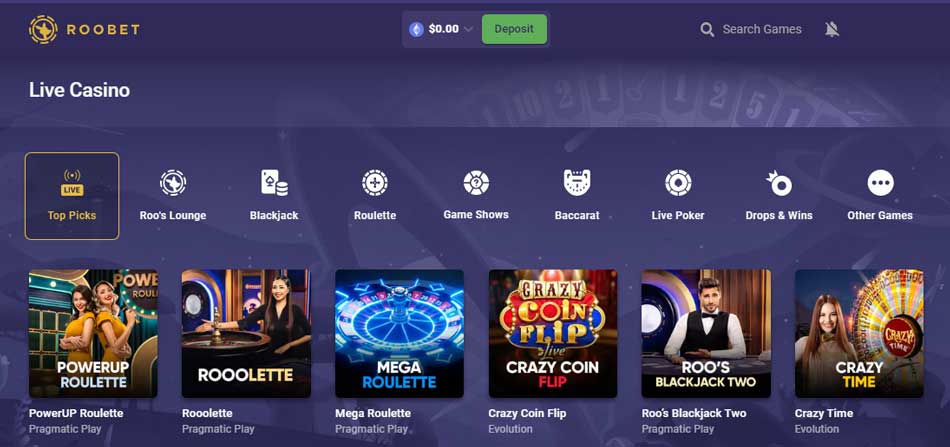 Roobet Live casino games by categories