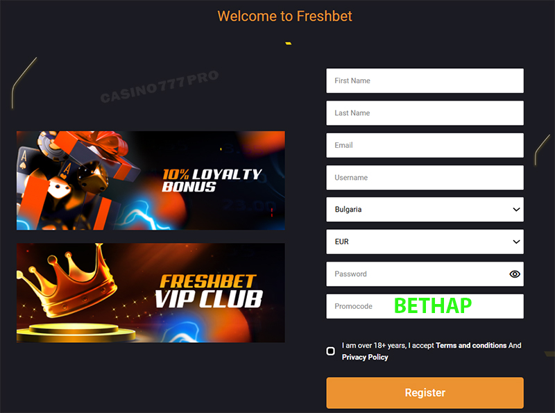 Registration at Freshbet Casino Website