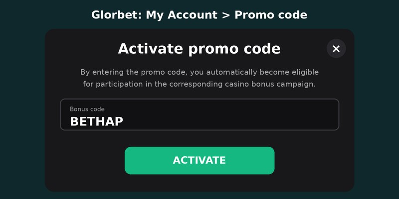 Glorbet promo code BETHAP entered in the Promo code tab