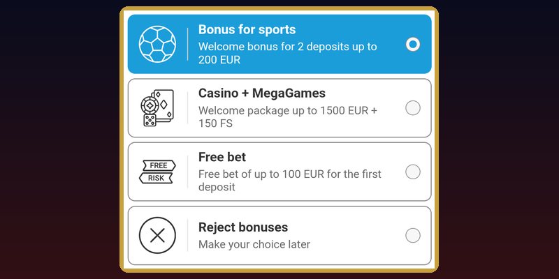 Megapari bonus choice screen with sports, casino, free bet and reject options