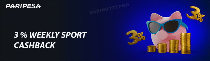 Paripesa 3% weekly cashback sports betting bonus