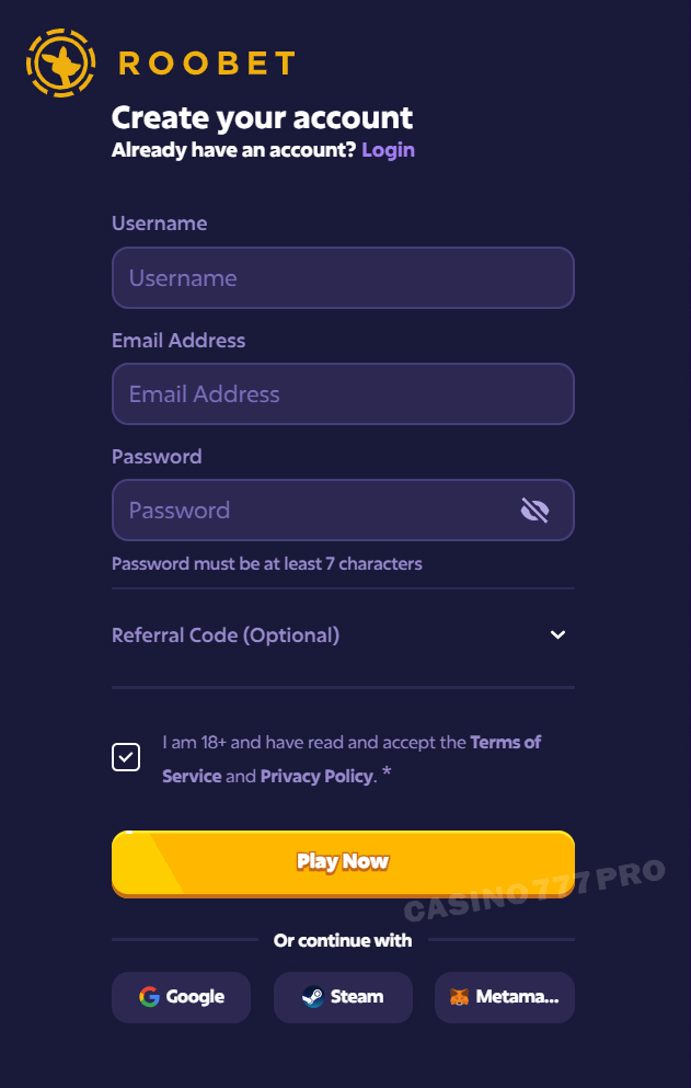 Roobet Sign up and Log In
