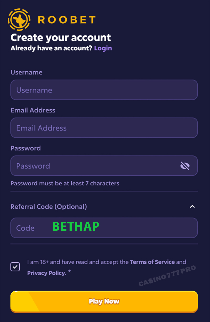  Roobet Promo Code - Registration Form 